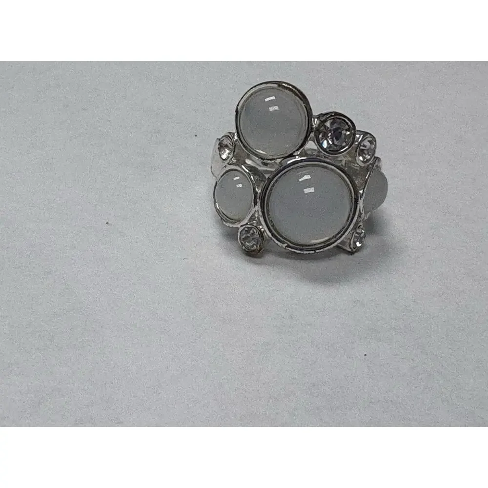 Silver Tone White Cabochon & Rhinestone Statement Ring Adjustable Fashion Ring